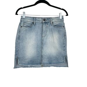 PAIGE Women's Blue Light Wash Distressed Hem Side Slits Denim Mini Skirt Size 24